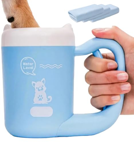 RUYICZB Pfotenreiniger Für Hunde, Hundepfoten Reiniger Inkl 3 Hundehandtücher, Tragbare Hundepfoten Reiniger, Silikon Haustierpfotenreiniger Zur Massage Und Pflege Schmutziger Krallen,Blau,S