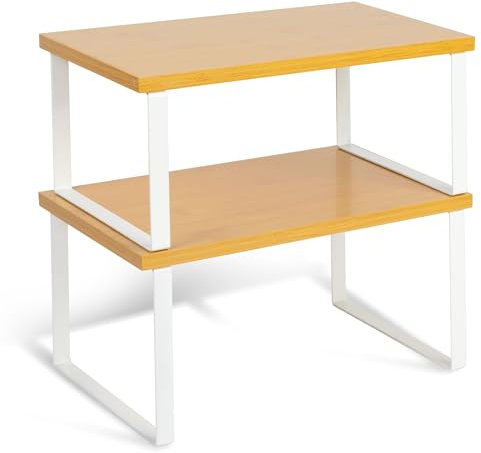 HEFTMAN Set di 2 mensole in legno e metallo per armadietti, salvaspazio, impilabili, per piano di lavoro, dispensa, portaspezie, portata 15 kg (naturale e bianco)