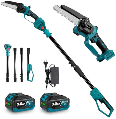 Yofidra 2 en 1 con batería telescópica y mini motosierra de 6 pulgadas, sin escobillas, con barra de extensión de 2,05 m, sistema de aceite automático, 2 baterías de 3,0 Ah, altura de trabajo de hasta