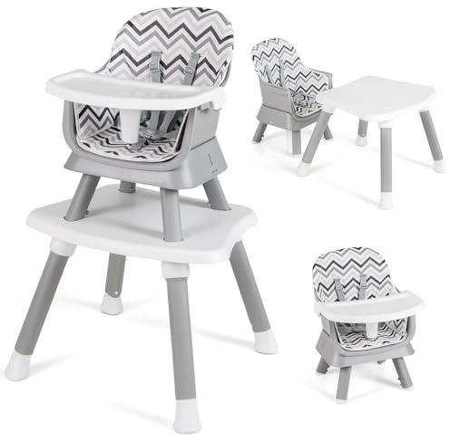 COSTWAY Trona Evolutiva 6 en 1, Silla Alta de Alimentación con Arnes 5 Puntos, Bandeja y Cojín Desmontables (Gris Claro)