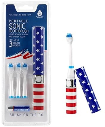 Pursonic Portable Sonic Toothbrush Battery Operated, Battery Included, 3 Brush Heads Included, 22,000 Strokes Per Minute, Brush On The Go (USA)