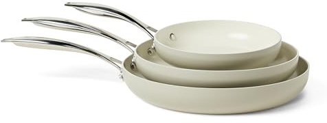 Amazon Basics Padelle Antiaderenti in Ceramica, Set di 3 Pezzi, Adatte a Tutti i Piani Cottura, Lavabili in Lavastoviglie, Grigio Lino