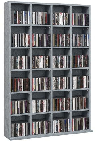 HOMCOM Rangements pour CD et DVD, Meuble de Rangement multimédia avec 24 Compartiments, capacité Max. 456 CD/ 336 DVD, bibliothèque en Bois avec étagères réglables, 89 x 20 x 130,5 cm, Gris