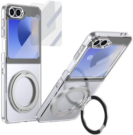 Custodia a libro per smartphone Custodia compatibile con Samsung Galaxy Z Flip 5 con pellicola protettiva Compatible with lo schermo, supporto ad anello girevole a 360°, custodia protettiva traslucida