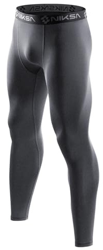 Niksa 1 Pack Men’s Compression Leggings for Gym Running Cycling - Elastic Soft Fabric, Flat Seam Anti-Friction, Muscle Support Activewear Base Layer Tights,Grey,L
