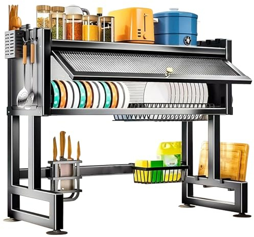 Felenny Sobre el escurridor del fregadero, secador de platos de cocina de 3 niveles, estante grande para platos de cocina con tapa, organizador de fregadero con soporte para utensilios, soporte para