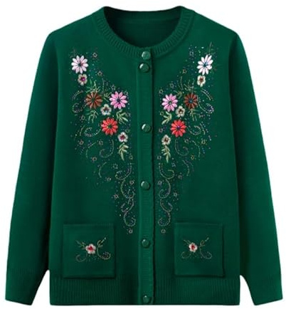 Generico Cardigan per Donne Anziane, Cardigan in Maglia Fine, Maglione per Donne di Mezza età, Ricamo Floreale, Indossato dalla Nonna, Morbido E Caldo, Top Casual per L'Autunno E l'inverno, Verde X