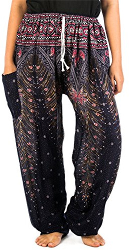 Lofbaz Mujer Pantalones Harem Boho del Lazo del Pavo Real Flaral Funky