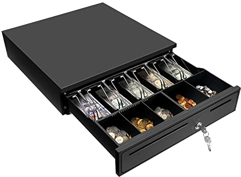 MUNBYN Black Cash Register Drawer, 16 Wide Cash Drawer with Removable Coin Tray, 5 Bill/5 Coin Tray, RJ11/RJ12 Interface Compatible with Epson POS Square, Cashier Register Till Tray