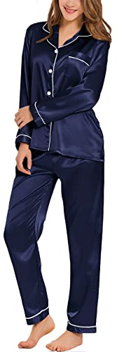 SWOMOG Conjunto de pijama de satén de seda para mujer, manga larga, con botones, conjunto de pijama de 2 piezas, tallas XS a 3XL, Azul Marino Profundo, Large