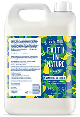 Faith In Nature Natural, Super Concentrated, Biodegradable Washing Up Liquid with Lemon Oil, Vegan and Cruelty Free, No SLS, Parabens or Phosphates, 5 L Refill Pack