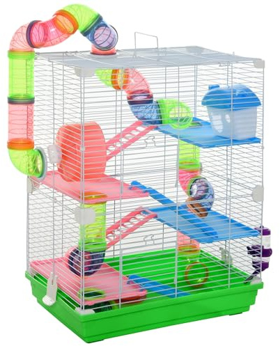 PawHut Gabbia per Criceti a 5 Livelli con Tubi, Ruota, Casetta, Scale e Bottiglia, Gabbietta per Roditori in Metallo e Plastica, 46x30x58 cm, Verde
