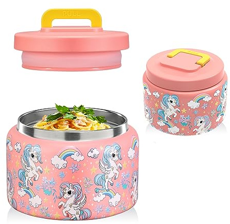 JXXM 8 Oz Thermo Food Jar for Hot & Cold Food for Kids, Insulated Lunch Containers Hot Food Jar,Leak-Proof Vacuum Stainless Steel Wide Mouth Lunch Soup Thermo for School (PINK-Unicorn)