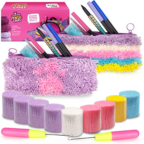 CRAFTILOO DIY 2 Rug Pencil Cases Latch Hook Kits for Kids Sewing Set for Girls Beginners Latchkits Ages 8-12