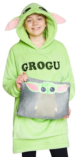 Disney Baby Yoda Star Wars 2-in-1 Blanket Hoodie for Kids, Oversized Fleece Pullover with Sherpa Hood, Folds into Travel Cushion, Gifts for Girls, Boys, Teens, Cozy Loungewear (Green Baby Yoda)