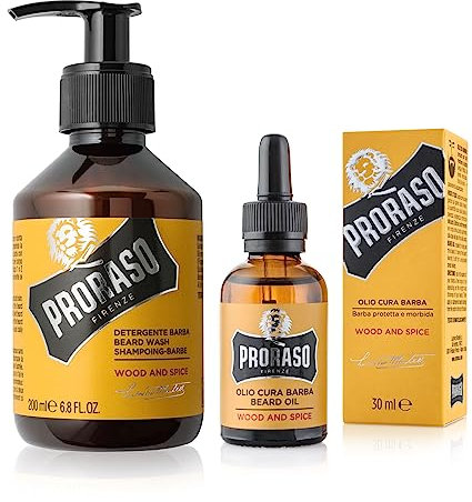 Proraso Set per Cura della Barba Lunga Wood and Spice, Set con Detergente Barba 200 ml e Olio Barba 30 ml dalla fragranza speziata e legnosa, Made in Italy