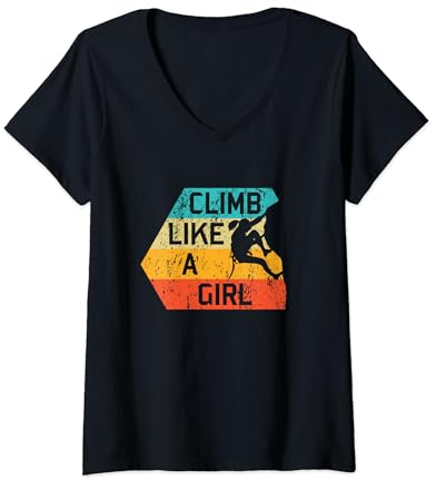 Damen Kletterausrüstung für Kinder und Frauen Sunset I Climb Like A Girl T-Shirt mit V-Ausschnitt