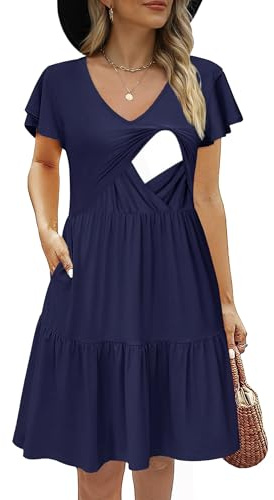 CzzzyL Women's Maternity Nursing Dress Ruffle Cap Sleeve Breastfeeding with Pockets
