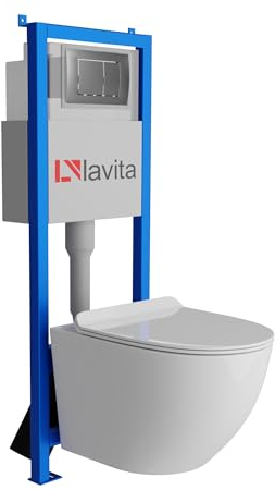 Lavita LAV 101 Vorwandelement für WC 40cm + Wand Hänge Tiefspül WC SOFI SLIM Weiß Spülrandlos + Bedienplatte LAV 200.1.3 Satin | Komplettset | Unterputz Spülkasten | Toilette Komplett Sett