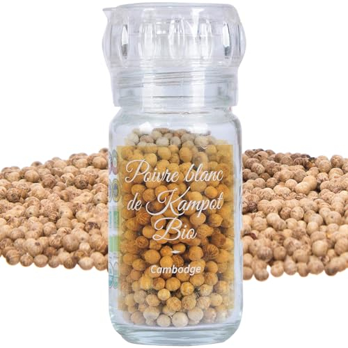 Khla - Poivre Blanc de Kampot Certifié Bio 45 g - Moulin Rechargeable - Sachet Poivre en Grains Biologique- Grand Cru, Fort & Puissant - Ingrédient Cuisine - Direct Producteur - Origine Cambodge