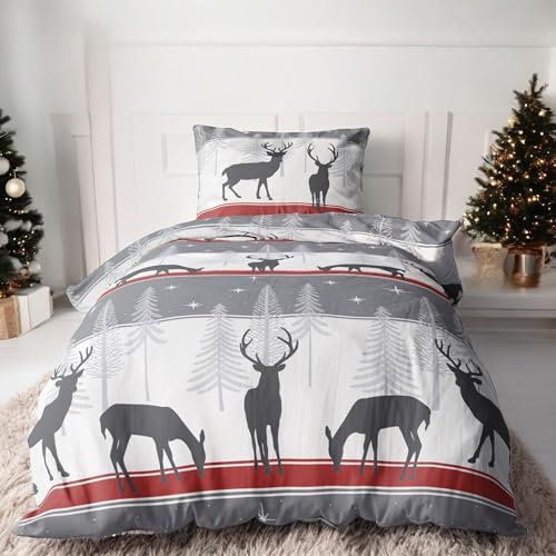 LINKHOFF Ropa de cama de invierno de Navidad, 155 x 220 cm, 2 piezas, franela, 100% algodón, color rojo y gris