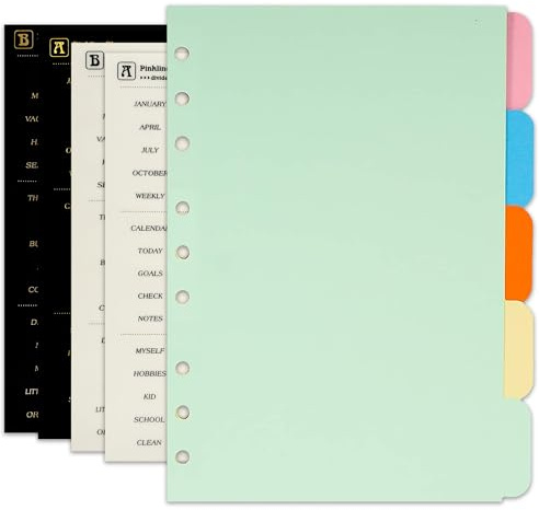 Zelten Separadores de índice de carpeta de papel con 4 hojas de calcomanías para organizador personal (papel multicolor de 5 pestañas, agujero B5/9)