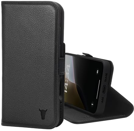 TORRO Leather Case Compatible with iPhone 16 – Premium Leather Wallet Case with Kickstand and Card Slots (Compatible with Official MagSafe Chargers) - Black