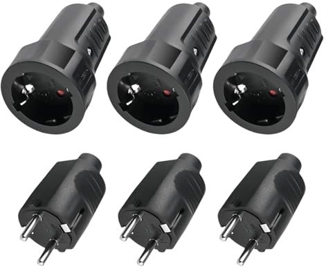 Sporgo 3 x spina Schuko: spina 230 V IP44 per esterni, spina con protezione antipiega, 2 poli 16 A e 3,7 kW in gomma per esterni, nero, spina Schuko 230 V
