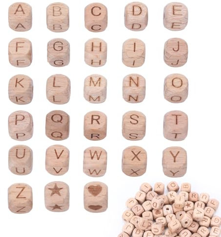 WatDenyFine 100 Stück Buchstabenperlen Holz Eckig A-Z Holzperlen Buchstaben mit 10M Schnurseil Perlen mit Buchstaben Perlen Fädeln Buchstaben Perlen für DIY Handgefertigt Ornamente DIY Geschenke