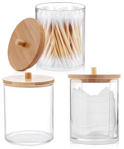 SinChic Cotton Pad Holder,3 PCS Acrylic Pad Holder with Bamboo Lids Bathroom Jars Cotton Pad Holder Cotton Bud Dispenser Cotton Swab Balls Pads Holder for Bathroom Storage Organizer