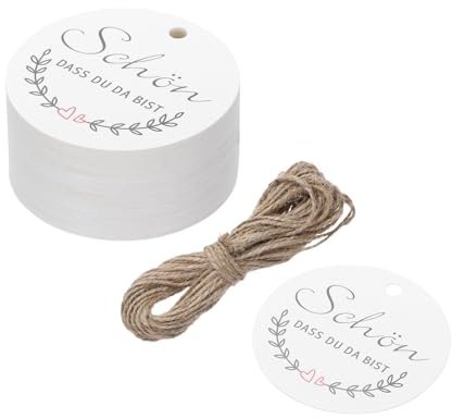 QUARKZMAN 100 stycken presentetiketter vita etiketter gåva hängande etiketter, runda 5 cm kort med 20 meter jutesnöre för presentförpackning jul