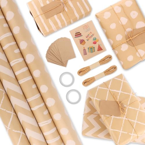 4 Rolle Geschenkpapier, Packpapier Geburtstag 43 x 300cm/Rolle, Geschenkpapier Kinder mit Geschenkanhänger und Jute Schnur, Rolle Set für Kommunion Taufe Geburtstag Hochzeit Weihnacht