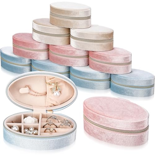 Kenning 12 Pcs Small Velvet Travel Jewelry Box Mini Jewelry Case Portable Organizer Pouch Bridesmaid Proposal Gift for Women (Oval)