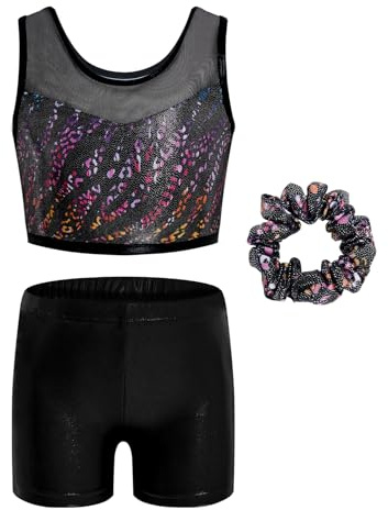 JiAmy Leotardos de gimnasia de dos piezas para niñas, con pantalones cortos, traje de ballet para niñas de 3 a 12 años, negro (Leopard Black), 5-6 años