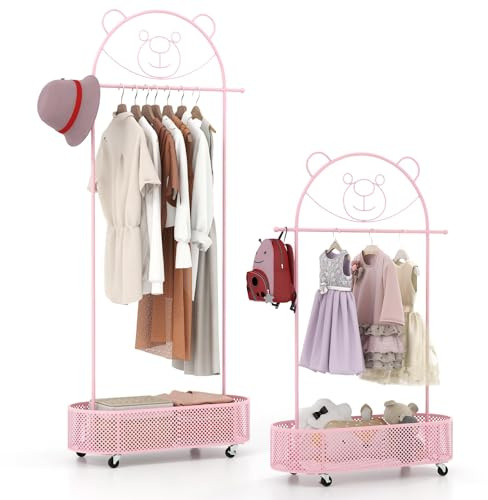 Fantas Barnklädställ, garderobställ på hjul med höjdjusterbara klädstänger, garderob med korg och björndekoration, klädvagn för barnrum, 81 x 34 x 130–182 cm (rosa)