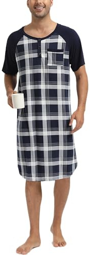 Enjoyoself Camisón Hombre Dormir Camisetas de Pijama Algodón Larga Suave Transpirable Camisa de Noche de Manga Corta Camison Hospital Ropa de Dormir para Descansar Cuadros+Azul Marino L