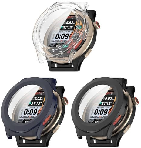 Funda con protector de pantalla para Amazfit Cheetah Pro/Cheetah Round, paquete de 3 unidades de policarbonato duro ultrafino, a prueba de golpes, funda protectora con vidrio templado (negro/azul