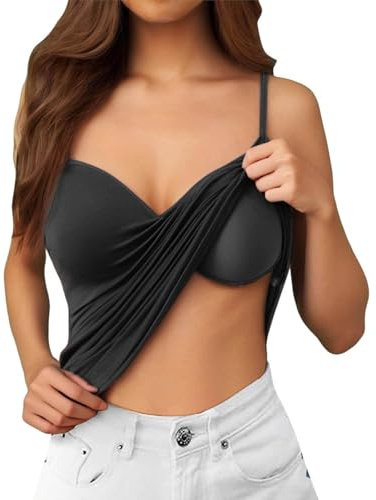 Camisole Femme Débardeur avec Brassière Intégrée Crop Top sans Manche Col V à Bretelles Tops Chic et Élégant avec Rembourré Caraco Satin Soutien Gorge Confortable et Doux Debardeur Sport Yoga