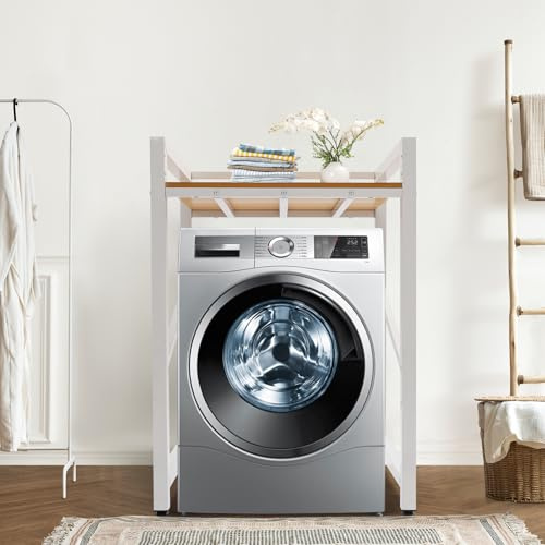 FONSOLUM Washer Dryer Stacking Rack Stand, Stackable Storage Standing Shelf Metal Washing Machine Rack, Adjustable Stacking Utility Storage Shelves for Bathroom Laundry Balcony 660Lbs Capacity (White)