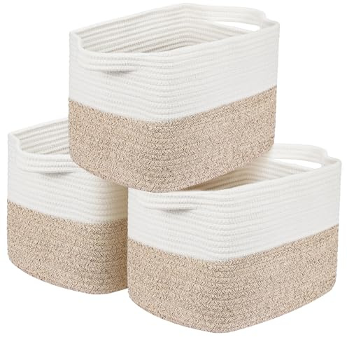 Toemics 3er Set Aufbewahrungskorb Klein Regalkörbe Baumwolle Aufbewahrung Korb für Regal, Kinderzimmer, Wohnzimmer, Kinderzimmer, Badzimmer, Weiß und Braun