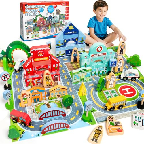 Atoylink Blocchi Da Costruzione In Legno Con Personaggi, Veicoli Magnetici, Mappa Della Città, Giocattoli In Legno Regalo Per Bambini Ragazze Ragazzi Dai 3 4 5 6 Anni