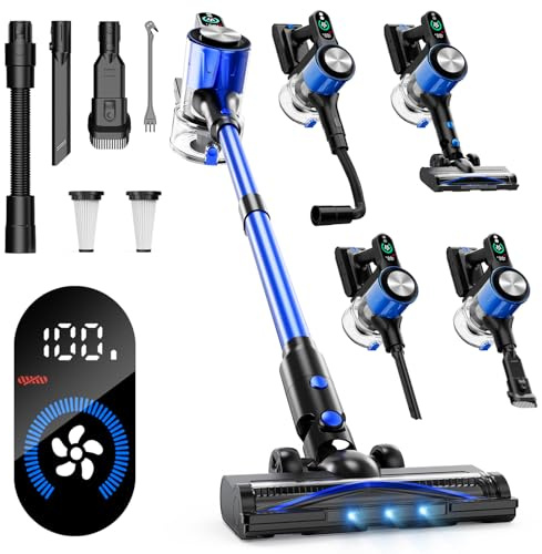 Aspirateur Balai sans Fil, 52KPa/500W/60Min Aspirateur sans Fil Puissant avec 3 Modes, LCD Écran Tactile, Brosse Anti-Emmêlement, Télescopique Léger, Ideal pour Poils D'animaux/Tapis/Sols Durs/Voiture