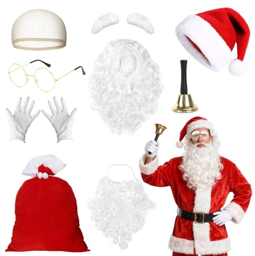 9 pezzi Set di accessori per Babbo Natale, vestito da fantasia di Natale outfit per cosplay con cappello, parrucca, barba, berretto per capelli, guanti, campana, occhiali, borsa per celebrazioni