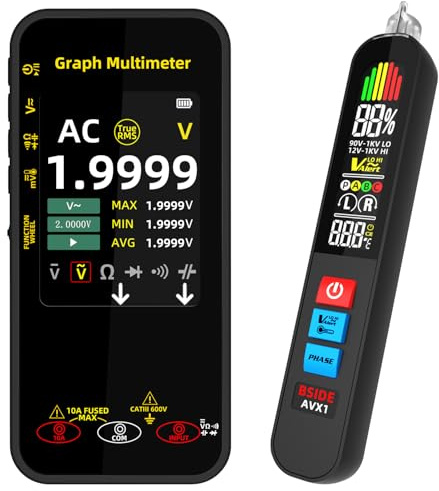 BSIDE Kit Multimetro Digitale Rilevatore di Tensione, S500 Multimetro Grafico 20000 Contatori & AVX1 Penna Cercafase, Tester Elettricista di Corrente Tensione Millivolt Capacità Diodo Temperatura