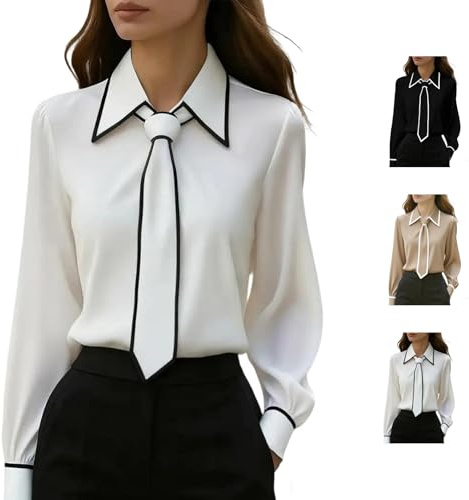 Camisa de manga larga con botones para mujer, elegante, delgada, para negocios, trabajo, blusa de satén con lazo en el cuello, elegante, informal, para la oficina, blanco, S