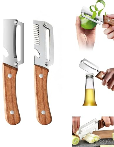 2 stycken multifunktionella köksskalare med trähandtag, 3-i-1 multifunktionell grönsaksskalare för köket sparskalare med trähandtag och integrerad flasköppnare enkel skalning av potatis