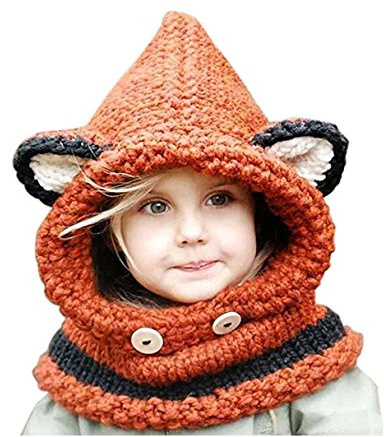 Freessom Bonnet Echarpe Set Hiver Cagoule Renard Unisexe Bebe Enfant Garcon Fille Mignon Kawaii Chaud Tricote Laine Chapeau Bobs Protection d'oreilles (Orange)