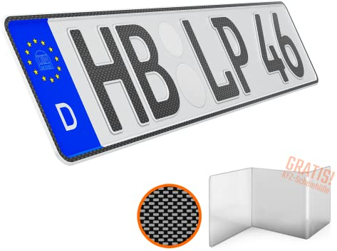 L & P Car Design KFZ Kennzeichen 1 Stück 46cm x 11cm in Carbon Optik Nummernschild 460mm x 110mm Wunschkennzeichen DIN Autokennzeichen Fahrradträger Anhänger LKW Wunschprägung amtliches Autoschild