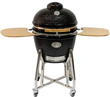 FLAME ROCK Keramikgrill Kamado Grill 22 B - Holzkohlegrill mit Bambusablage, Deckelthermometer, schwarz, 22