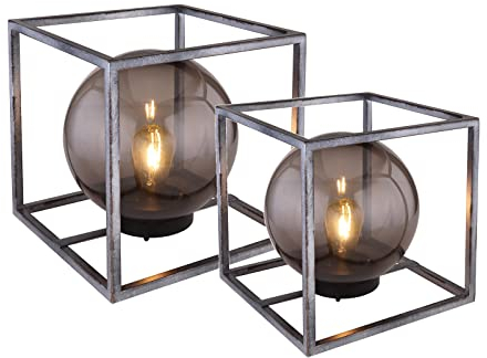 Solar Bodenleuchten 2er Set – rauchfarbige Leuchtkugeln im Industrial Metall Quader 23cm & 30cm